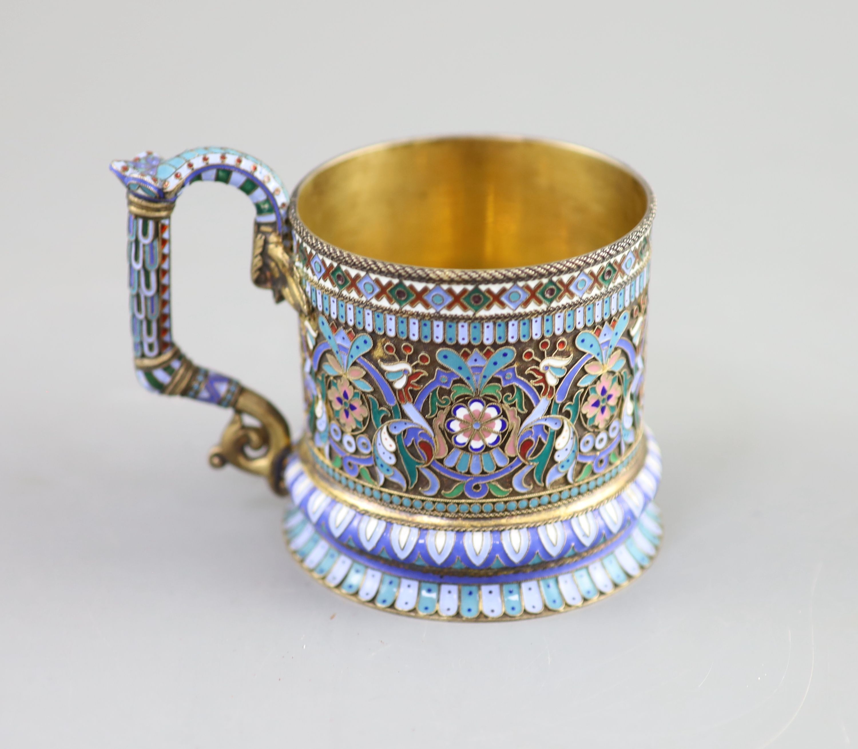 A late 19th century Russian 88 zolotnik silver and cloisonne polychrome enamelled tea glass holder, by Pavel Ovchinnikov